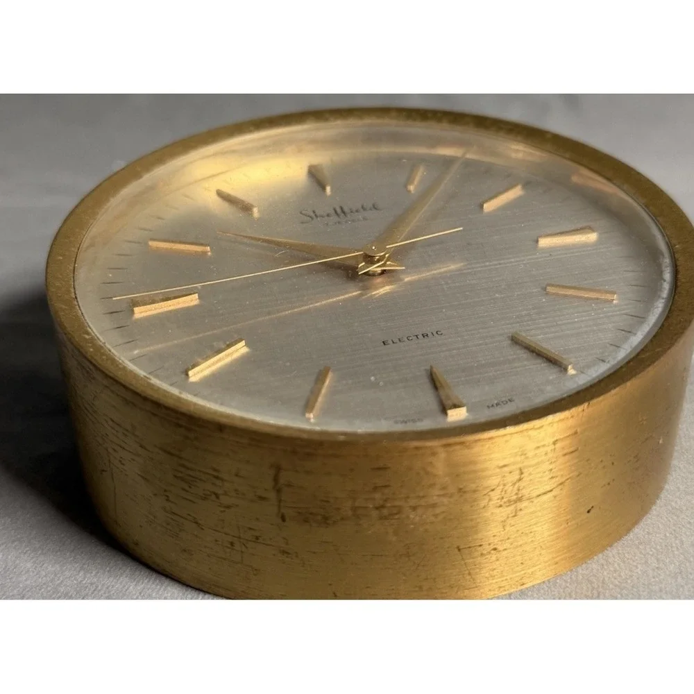 Vtg Sheffield Electric 7-Jewel Solid Brass Desk Clock Swiss Made MCM Working